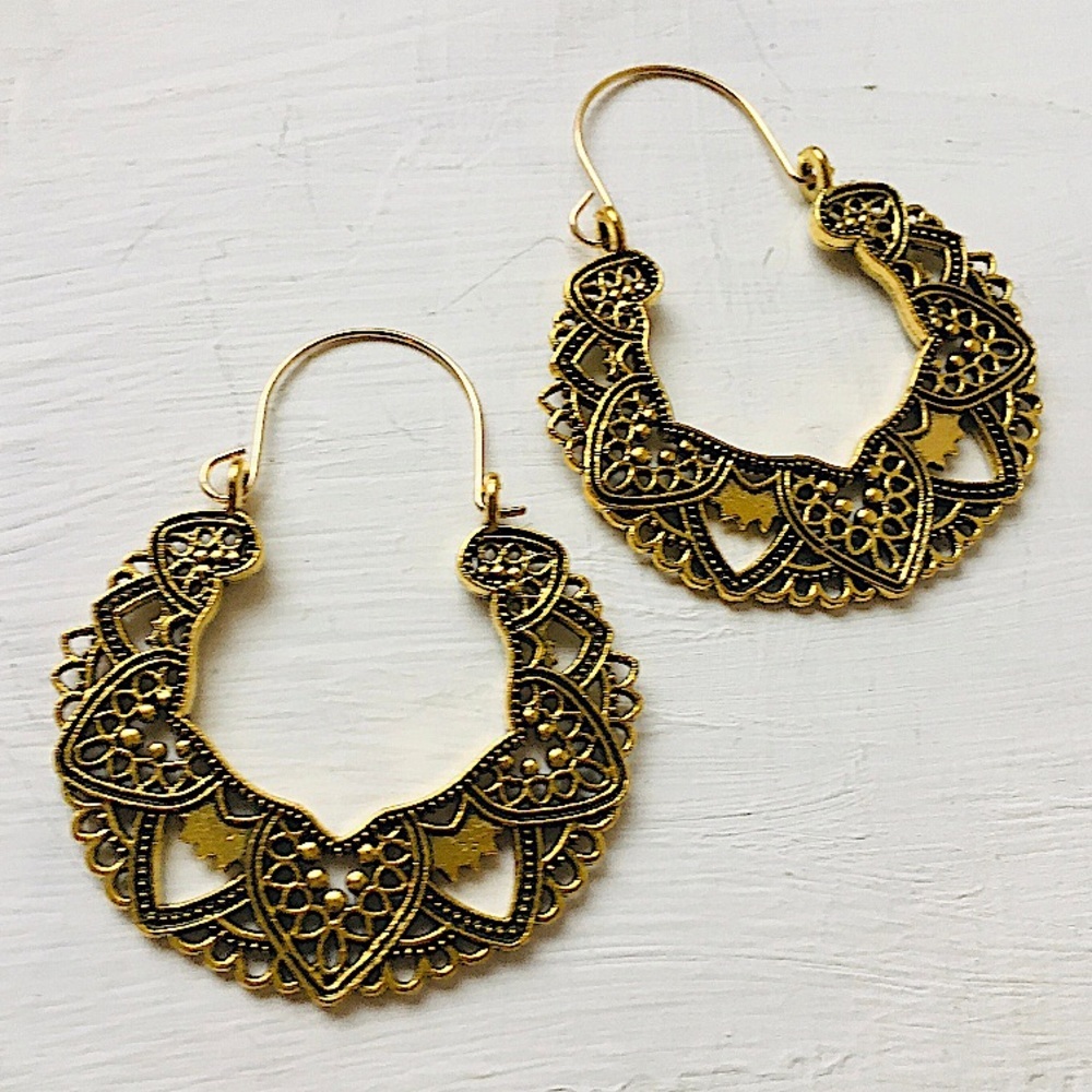 Gold Mandala Boho Vintage Hoop Statement Earrings